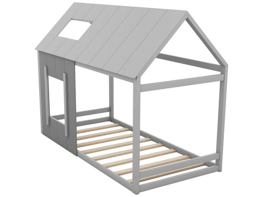 Lit cabane en bois de pin 90x200cm - lit enfant avec toit et fenêtre et sommier à Chicyla - Gris VLRB83361