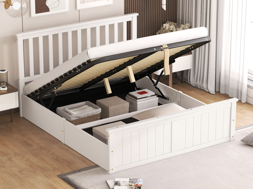 Lit coffre 140x200 cm en bois avec tête de lit - Sommier à Chicyla et rangements - Blanc MPEB13949