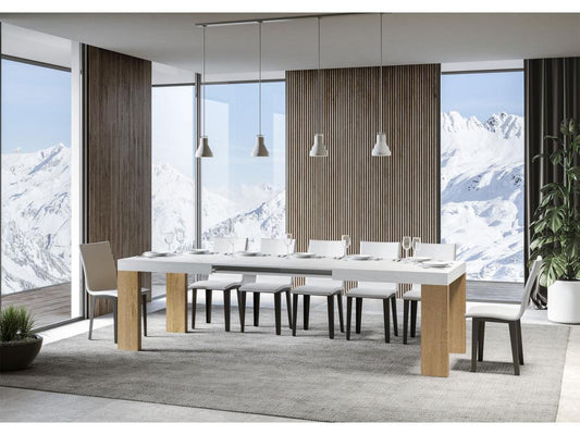 Table rectangulaire extensible blanche et bois clair 180 à 440cm Domopure-Support 4 pieds VJWW41279