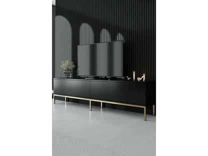 Meuble TV Chicyla Buffet de salon Armoire basse pour TV Base murale de rangement 180x30h47 cm Noir et Or QVGZ44487