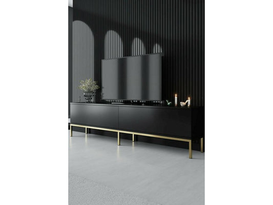 Meuble TV Chicyla Buffet de salon Armoire basse pour TV Base murale de rangement 180x30h47 cm Noir et Or QVGZ44487